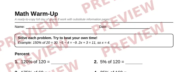 First page preview of Grade 8 Sub Plan Packet: One Full Day, No Prep