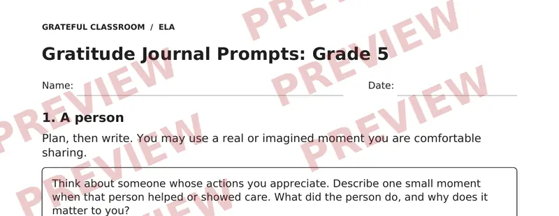 Partial preview of Gratitude Journal Prompts: Grade 5