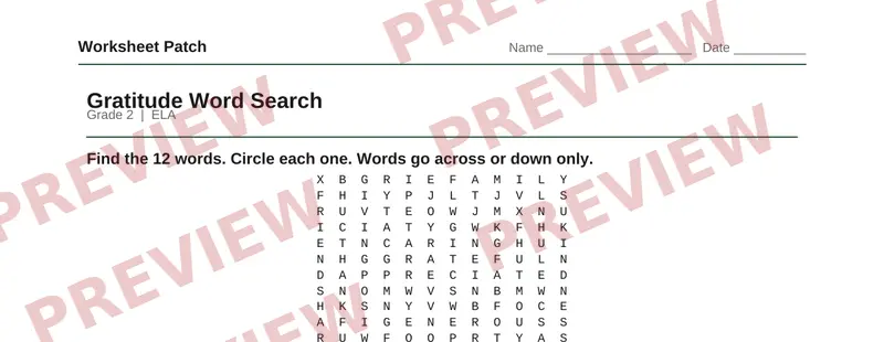 Partial preview of Gratitude Word Search: Grade 2