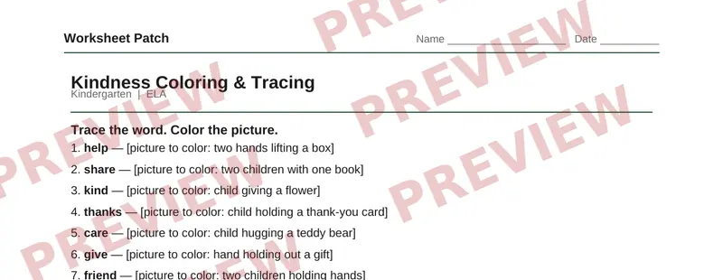 Partial preview of Kindness Coloring & Tracing: Kindergarten