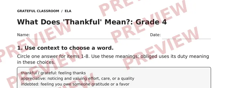 Partial preview of What Does 'Thankful' Mean?: Grade 4
