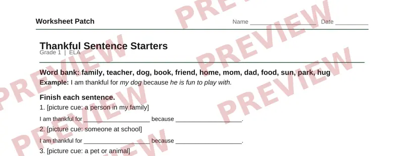 Partial preview of Thankful Sentence Starters: Grade 1