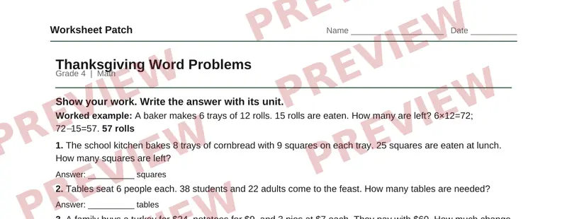 Partial preview of Thanksgiving Word Problems: Grade 4