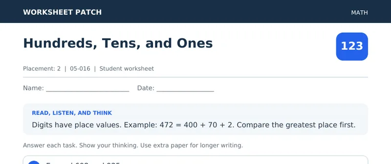 Page 1 preview of Hundreds, Tens, and Ones