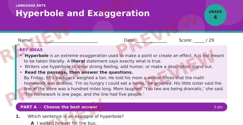 Page 1 preview of Hyperbole and Exaggeration