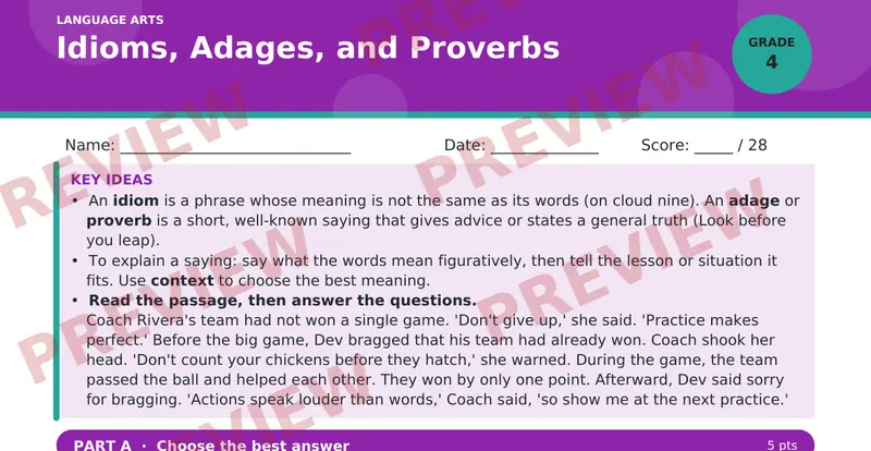 Page 1 preview of Idioms, Adages, and Proverbs