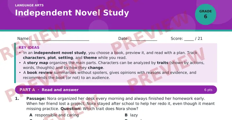 Page 1 preview of Independent Novel Study