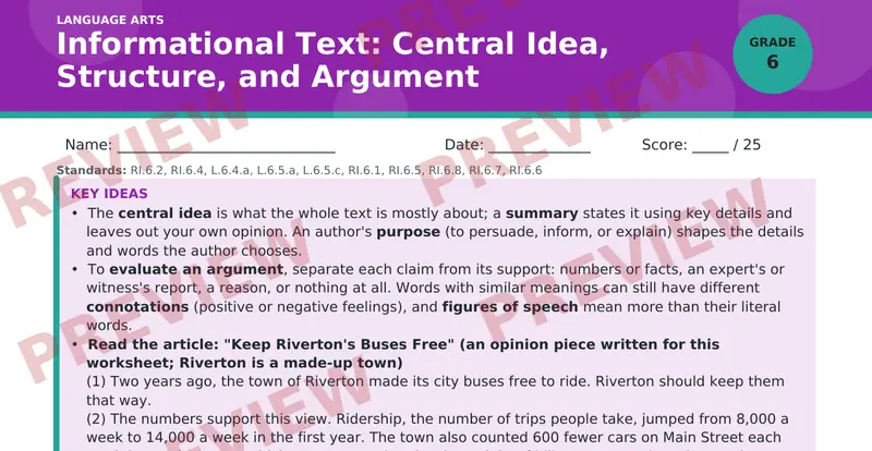 Page 1 preview of Informational Text: Central Idea, Structure, and Argument