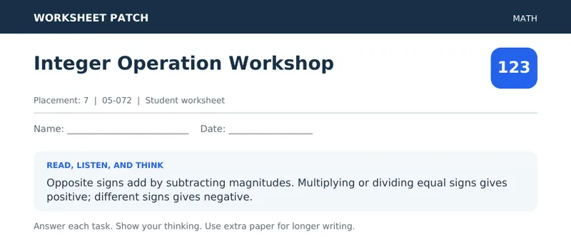 Page 1 preview of Integer Operation Workshop