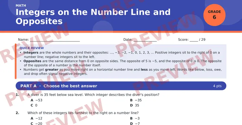Page 1 preview of Integers on the Number Line and Opposites