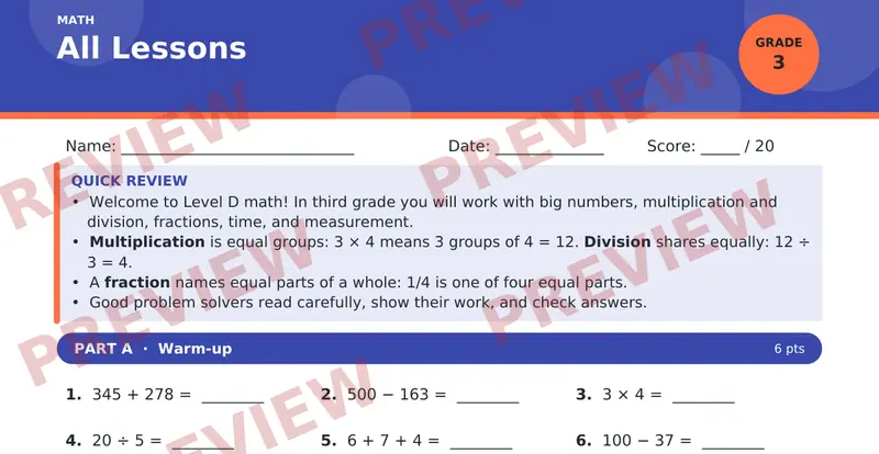 Page 1 preview of Introduction to Math: Level D