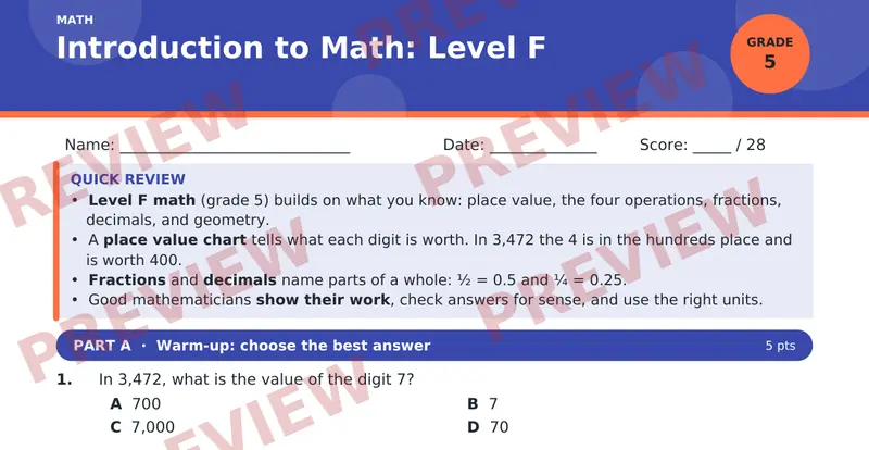 Page 1 preview of Introduction to Math: Level F