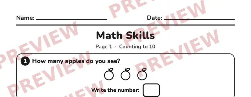 Partial preview of Kindergarten Math Skills Pack