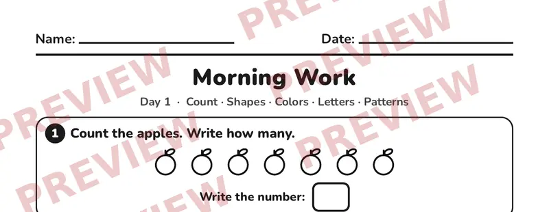 Partial preview of Kindergarten Morning Work Pack