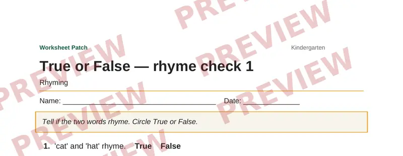 Partial preview of True or False — rhyme check 1