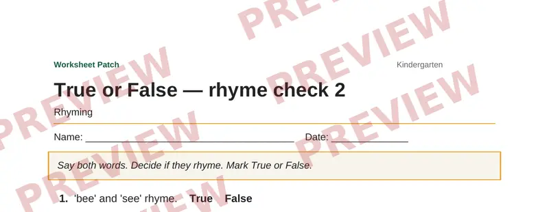 Partial preview of True or False — rhyme check 2