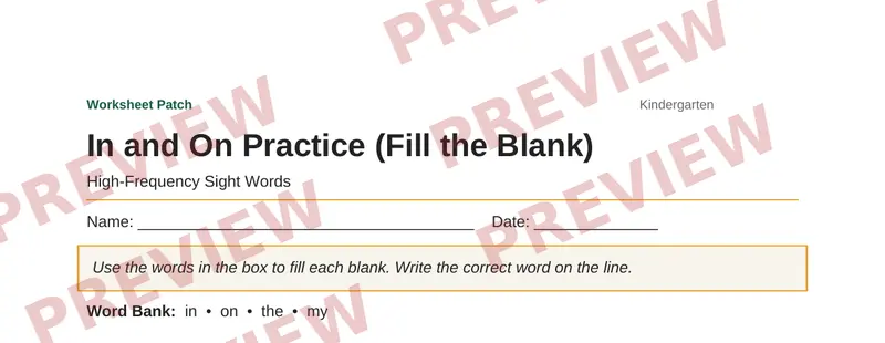 Partial preview of In and On Practice (Fill the Blank)