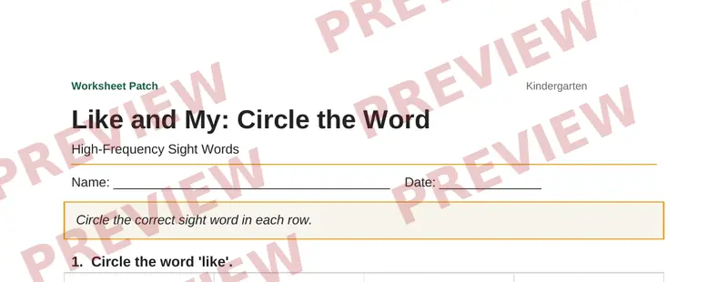 Partial preview of Like and My: Circle the Word