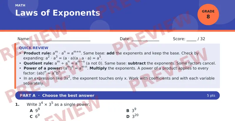 Page 1 preview of Laws of Exponents