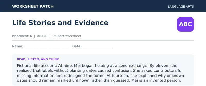 Page 1 preview of Life Stories and Evidence — Grade 6