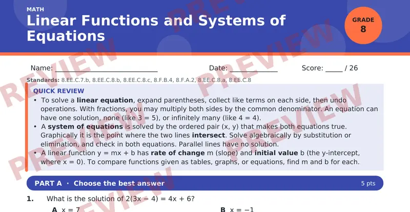 Page 1 preview of Linear Functions and Systems of Equations