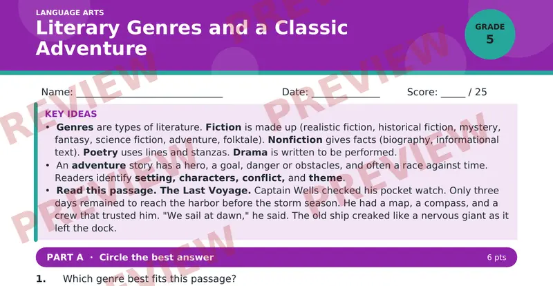 Page 1 preview of Literary Genres and a Classic Adventure