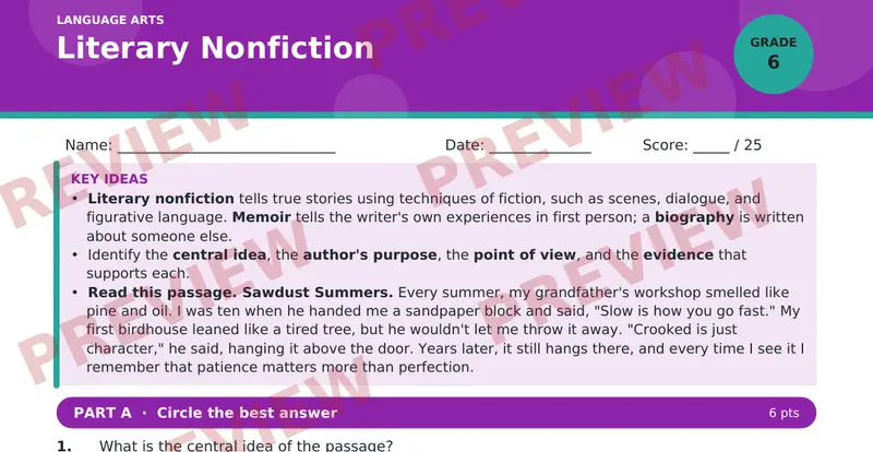 Page 1 preview of Literary Nonfiction — Grade 6