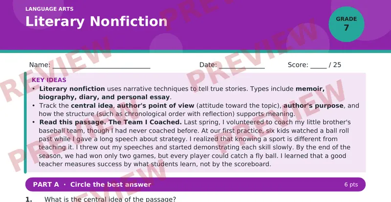 Page 1 preview of Literary Nonfiction — Grade 7