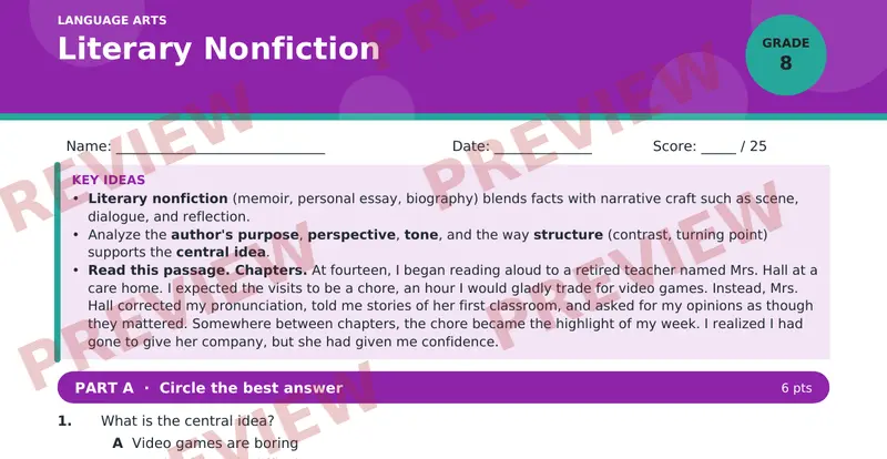 Page 1 preview of Literary Nonfiction — Grade 8