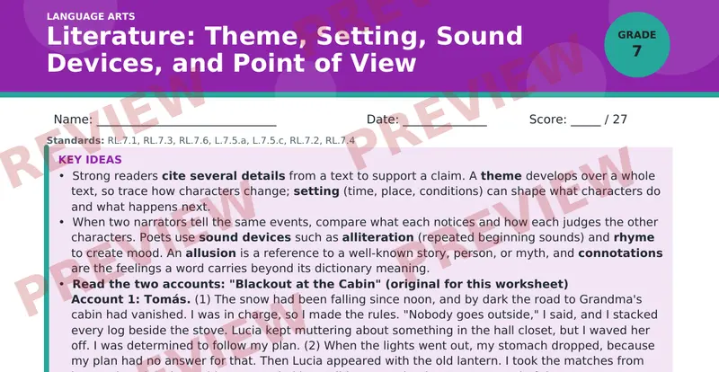 Page 1 preview of Literature: Theme, Setting, Sound Devices, and Point of View