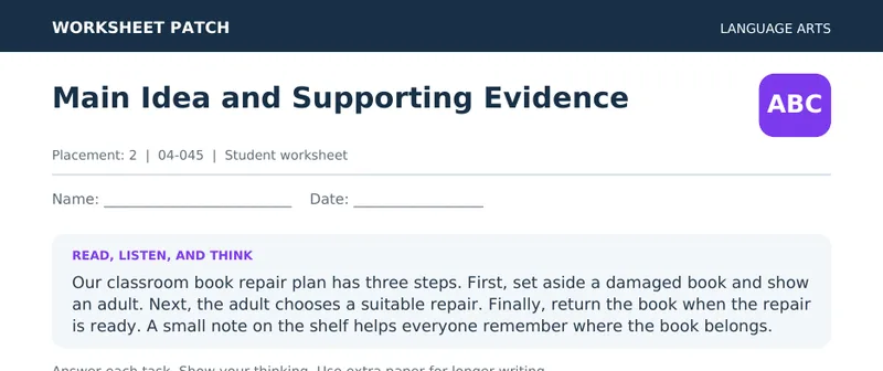 Page 1 preview of Main Idea and Supporting Evidence — Grade 2: The Book Repair Plan