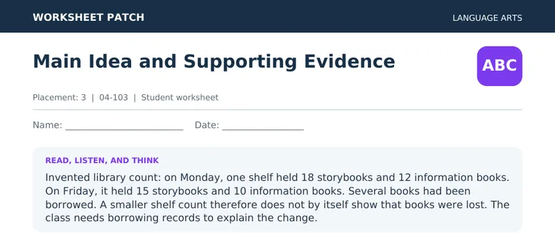 Page 1 preview of Main Idea and Supporting Evidence — Grade 3: The Library Book Count