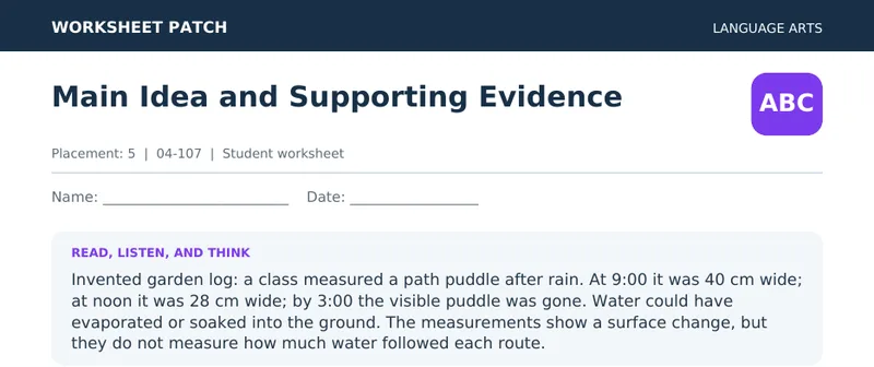 Page 1 preview of Main Idea and Supporting Evidence — Grade 5: The Puddle Log