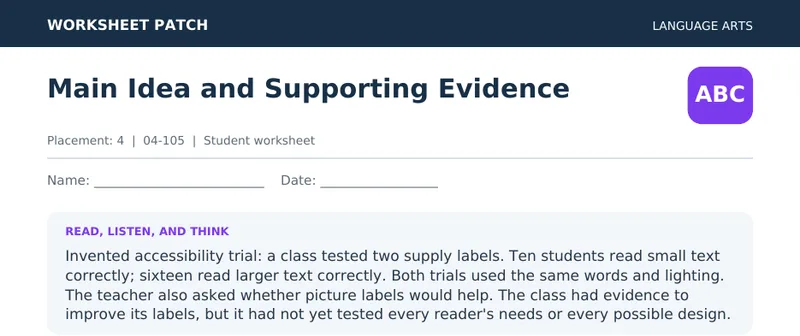 Page 1 preview of Main Idea and Supporting Evidence — Grade 4: The Supply Label Trial