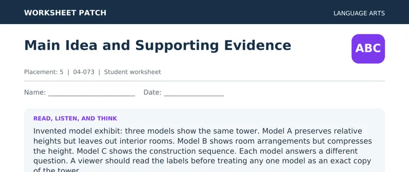 Page 1 preview of Main Idea and Supporting Evidence — Grade 5: The Tower Models