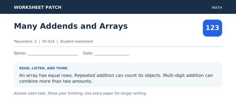 Page 1 preview of Many Addends and Arrays