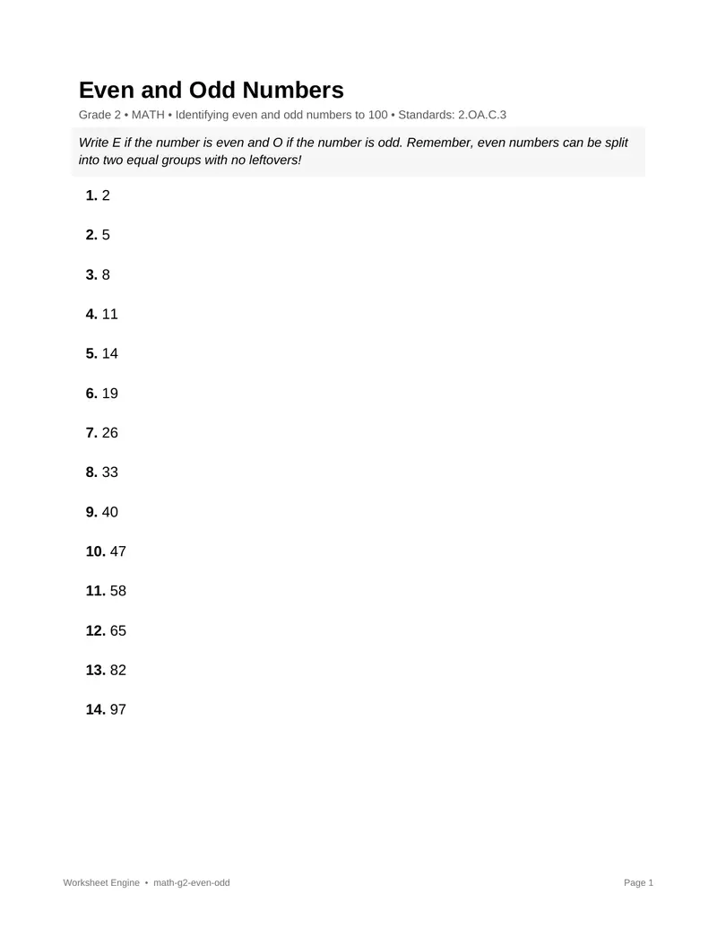 Page 1 preview of Even and Odd Numbers