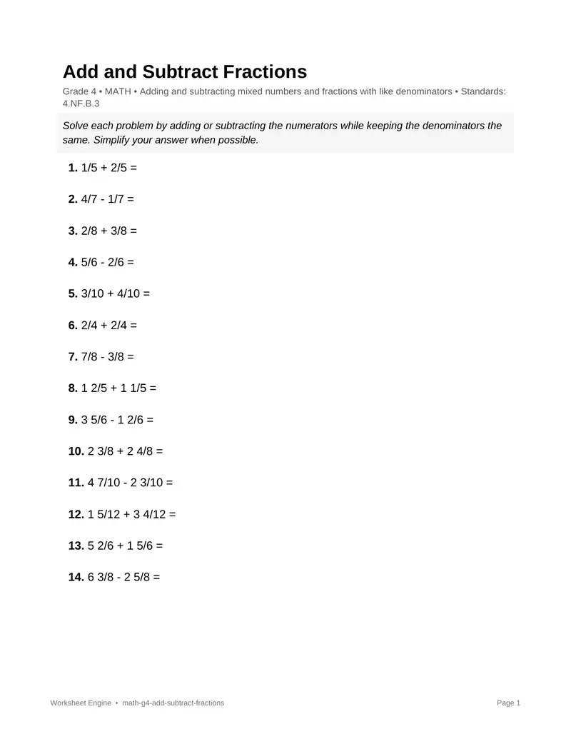 Page 1 preview of Add and Subtract Fractions