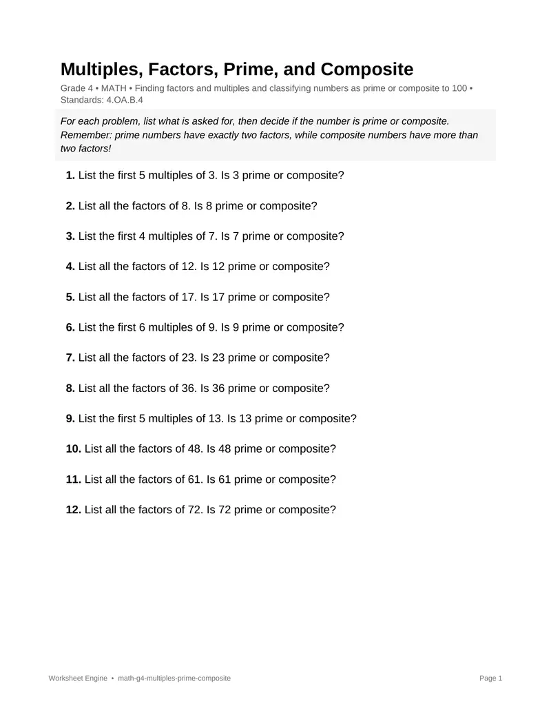 Page 1 preview of Multiples, Factors, Prime, and Composite