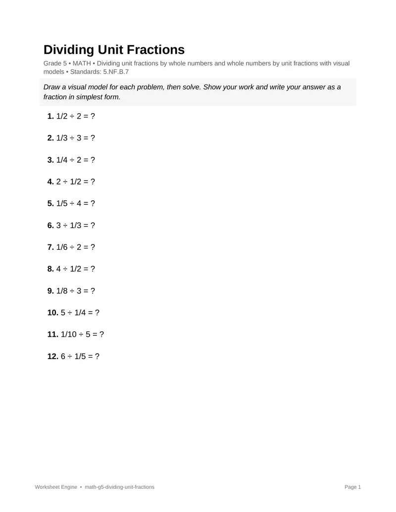 Page 1 preview of Dividing Unit Fractions