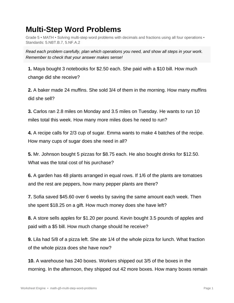 Page 1 preview of Multi-Step Word Problems