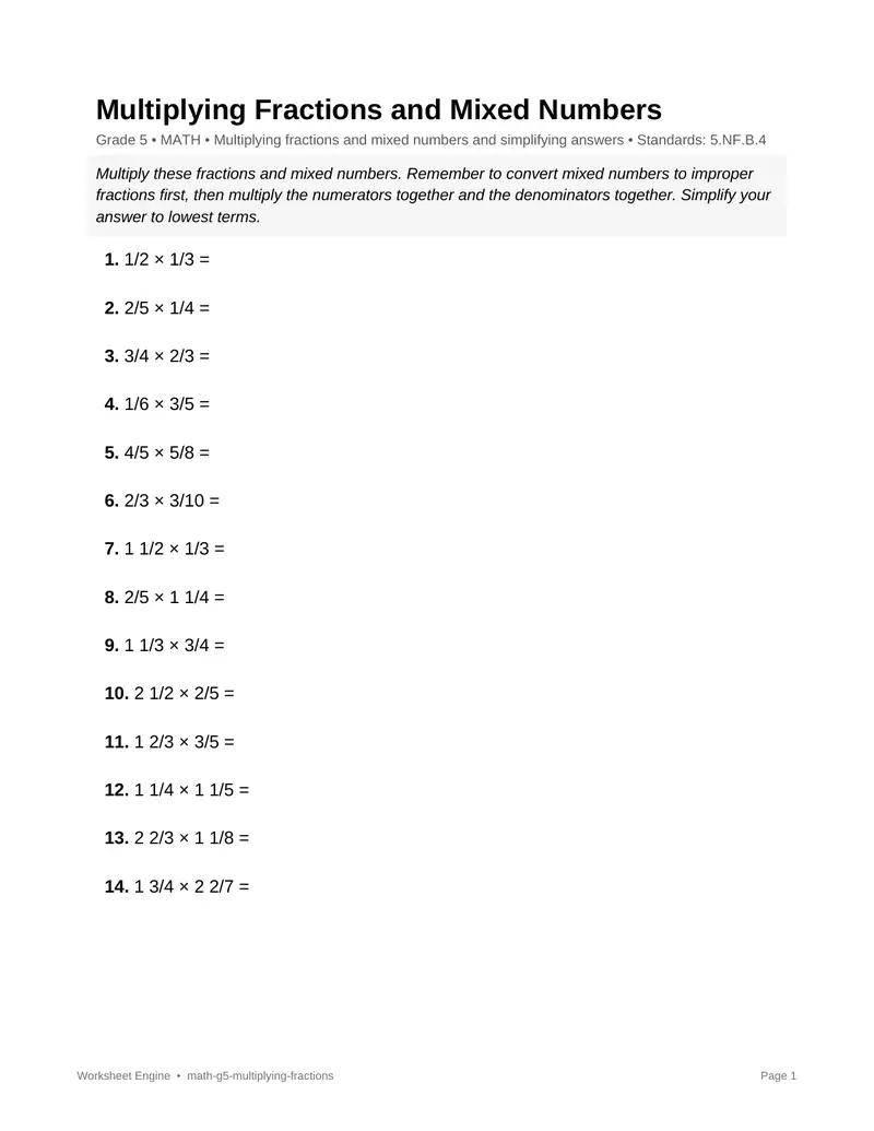 Page 1 preview of Multiplying Fractions and Mixed Numbers