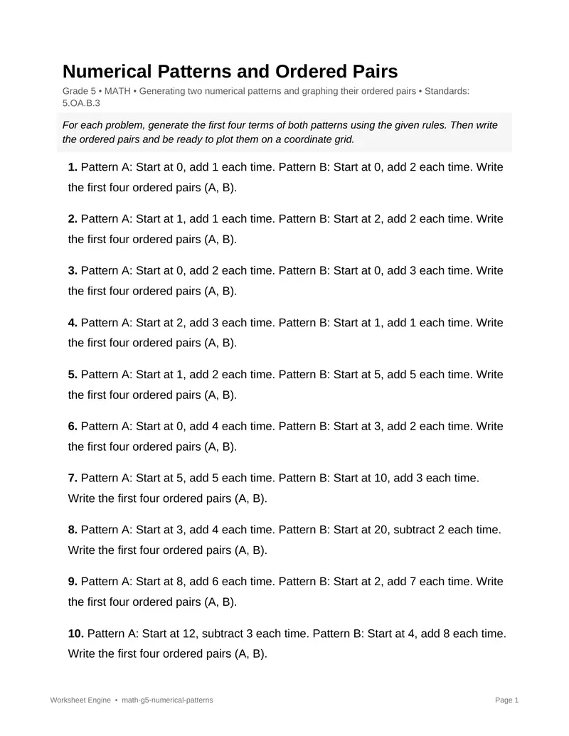 Page 1 preview of Numerical Patterns and Ordered Pairs