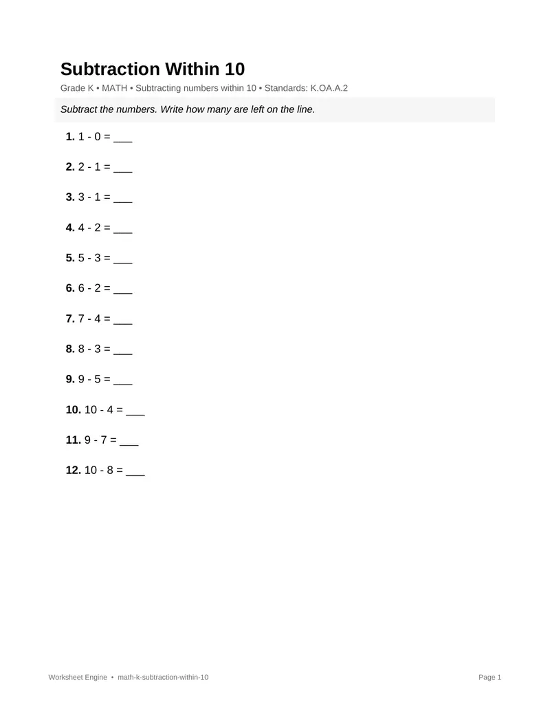 Page 1 preview of Subtraction Within 10