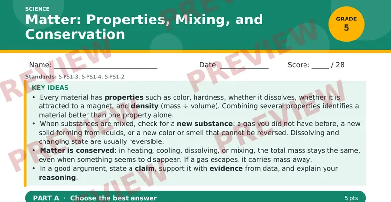 Page 1 preview of Matter: Properties, Mixing, and Conservation