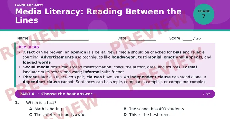 Page 1 preview of Media Literacy: Reading Between the Lines