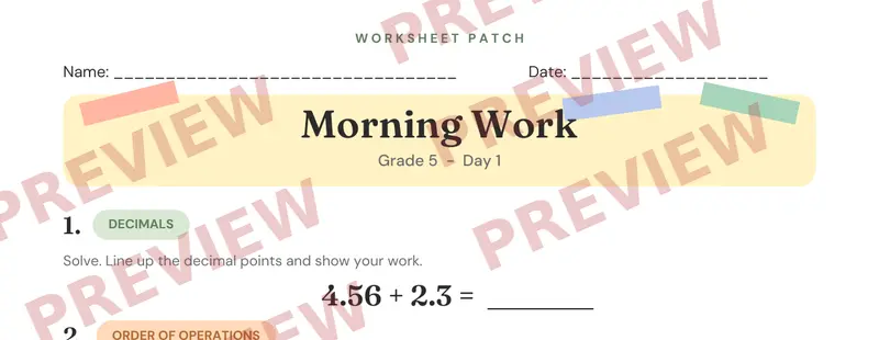 Partial preview of Morning Work: Grade 5, Day 1