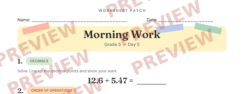 Partial preview of Morning Work: Grade 5, Day 5