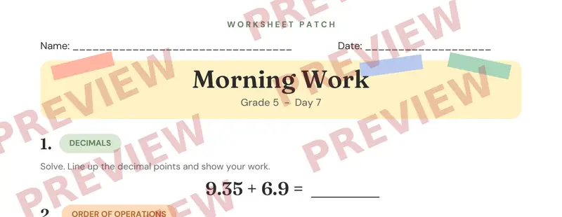 Partial preview of Morning Work: Grade 5, Day 7