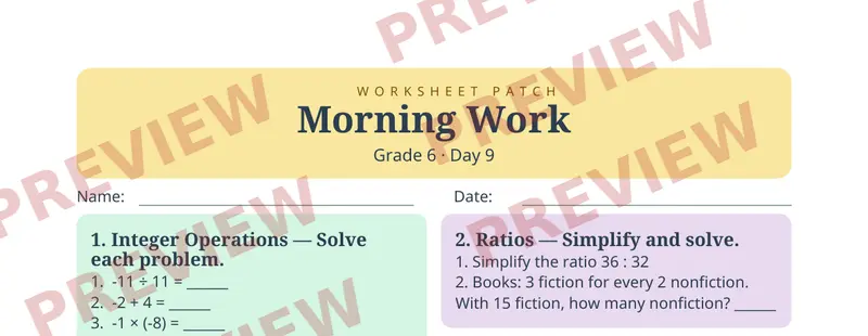 Partial preview of Morning Work: Grade 6, Day 9
